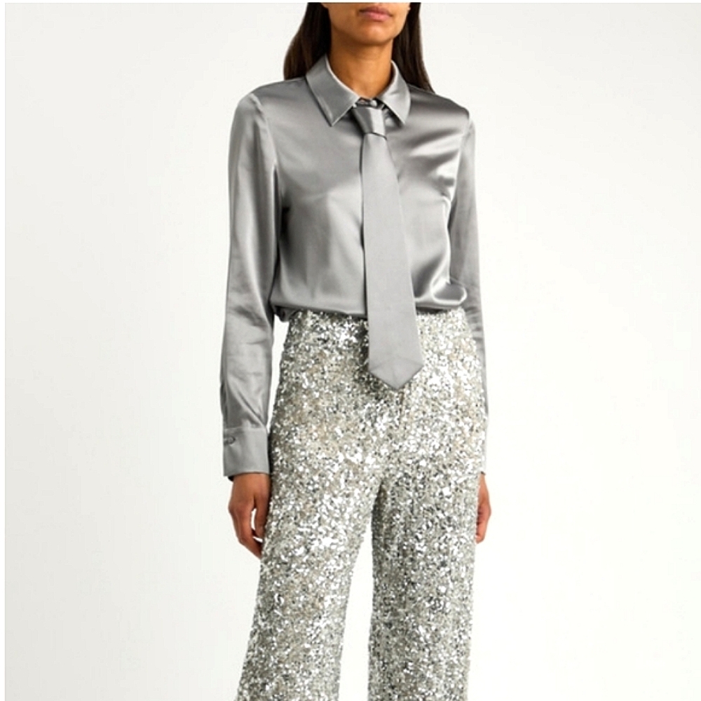 NWT$375 Alice + Olivia Brady Stretch Silk Neck Tie Button Down Shirt Blouse Sz S